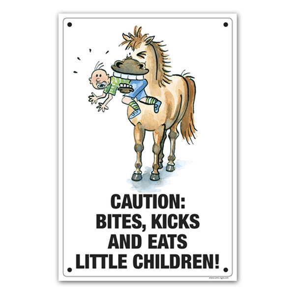 stable plate "Bites, kicks and eats little children"